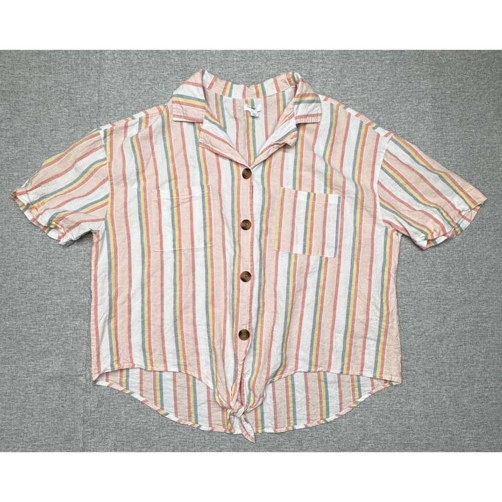 dp button down Multi Color Striped Button Down Short Sleeve Tie Front Shirt XL